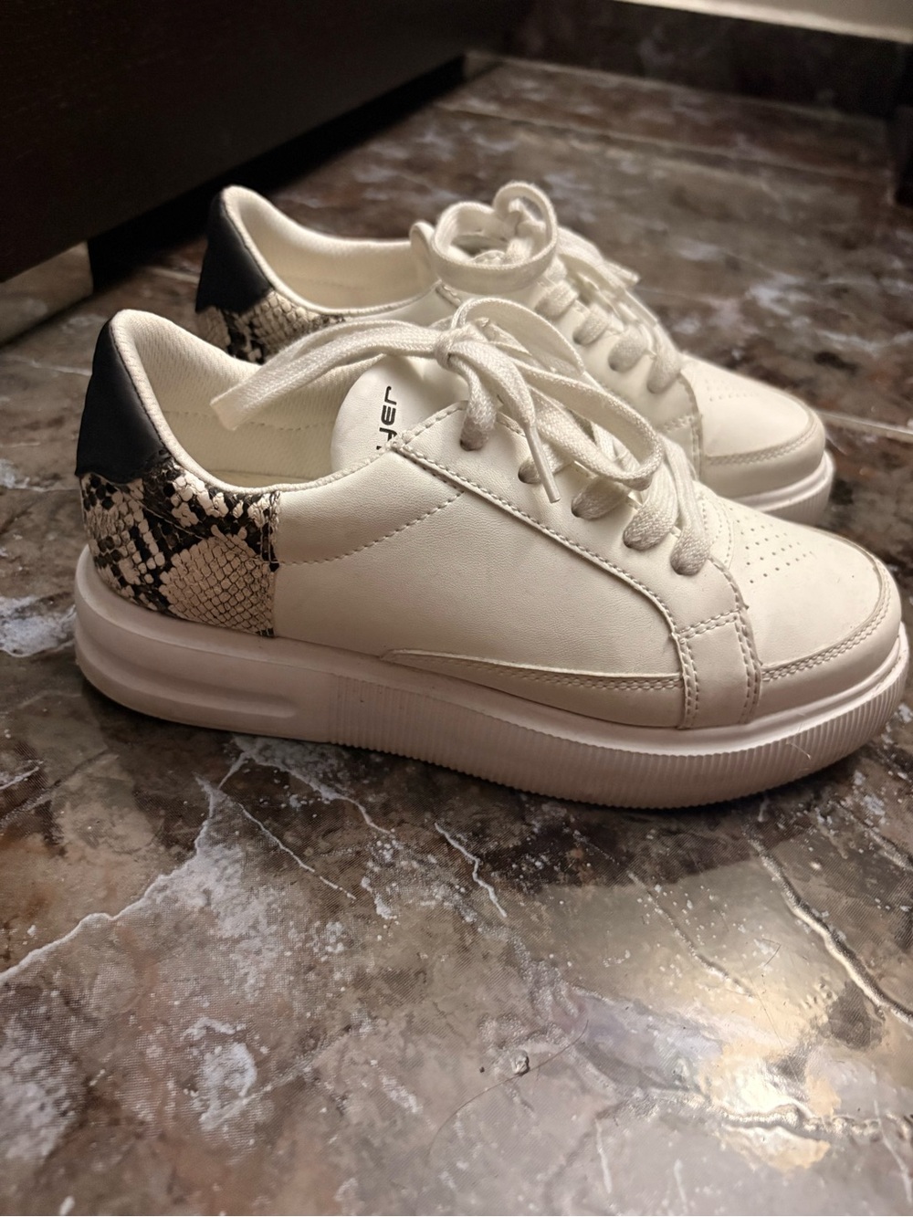 Layer 8 White Platform Sneakers with Snake-Print Heel